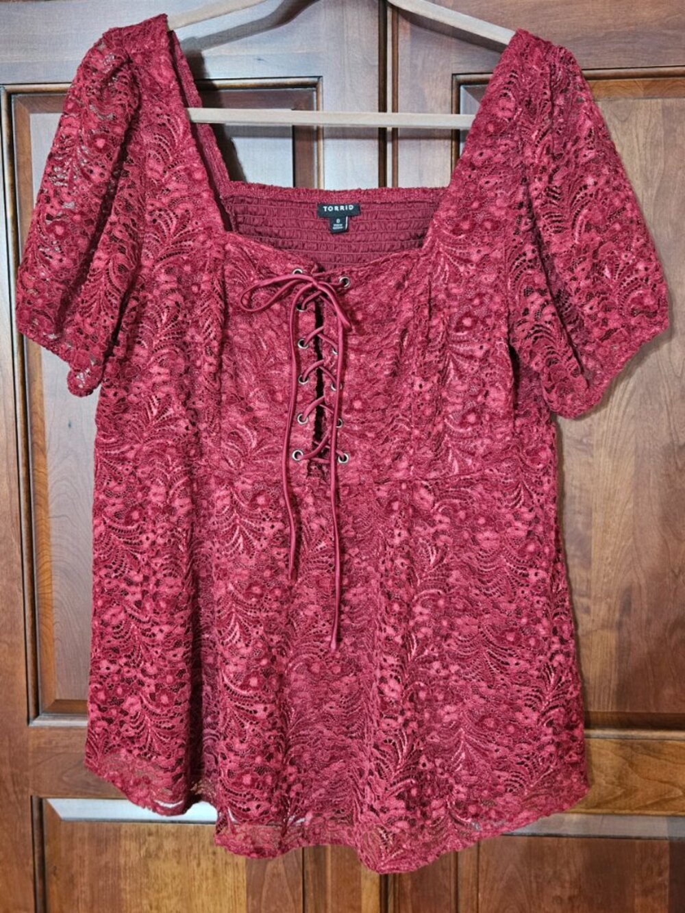 Torrid Sz 0 12 Burgundy Lace Blouse Corset Style Tie Front Shirt Dressy Babydoll